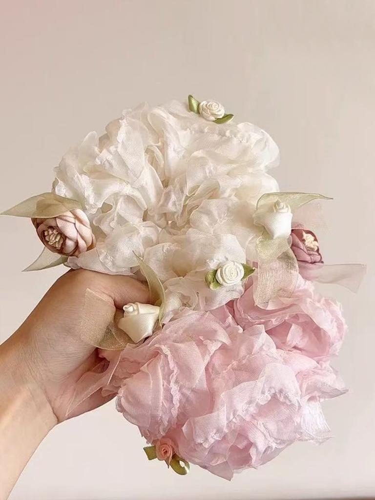 1pc Rose Flower Bow Lace Edge Large Intestine Hair Ring, Spring Elegant Flower Head Rope, High-end Ponytail Delicate Head Rope