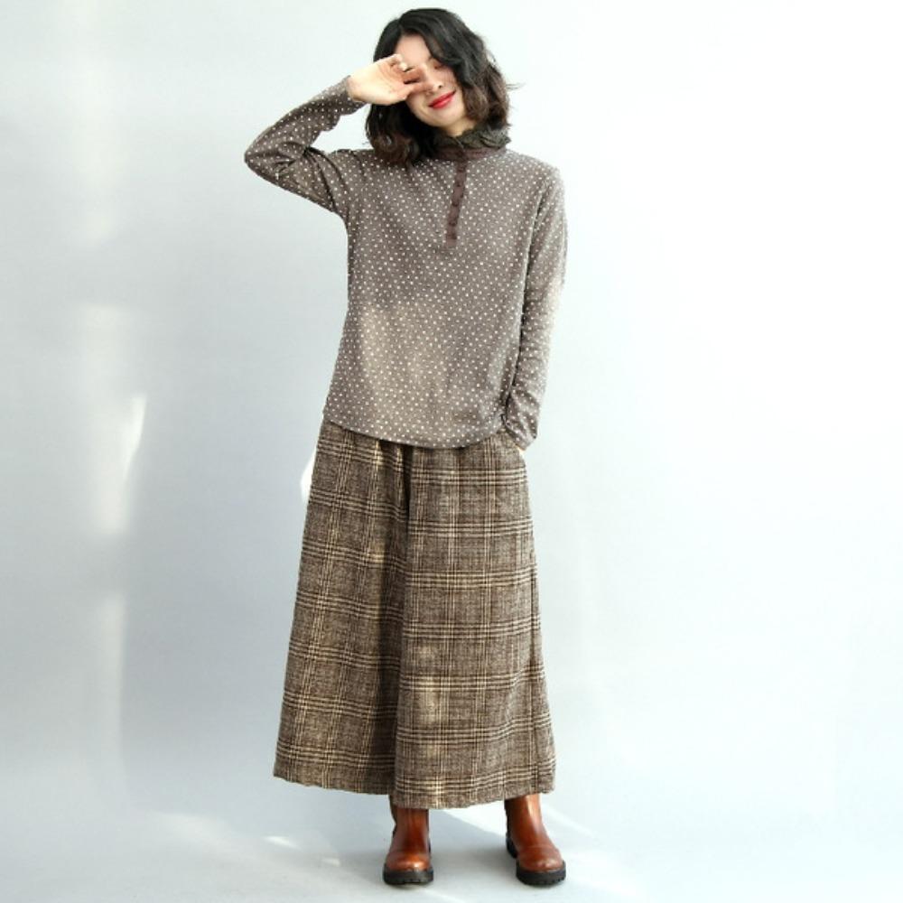 Johnature Casual Wide Leg Loose Plaid Women Pants Elastic Waist Calf Length Office Lady Women Pants