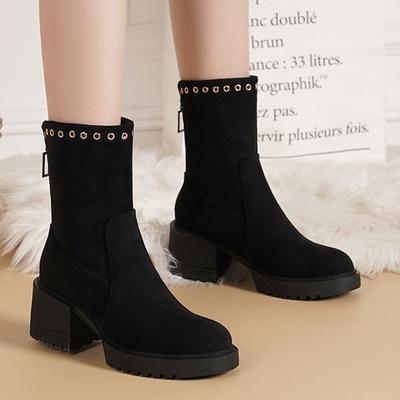 Черные массивные туфли на высоком каблуке, женские зимние сапоги, зимние ботильоны на флисовой подкладке, удобная и элегантная модная женская обувь по акции