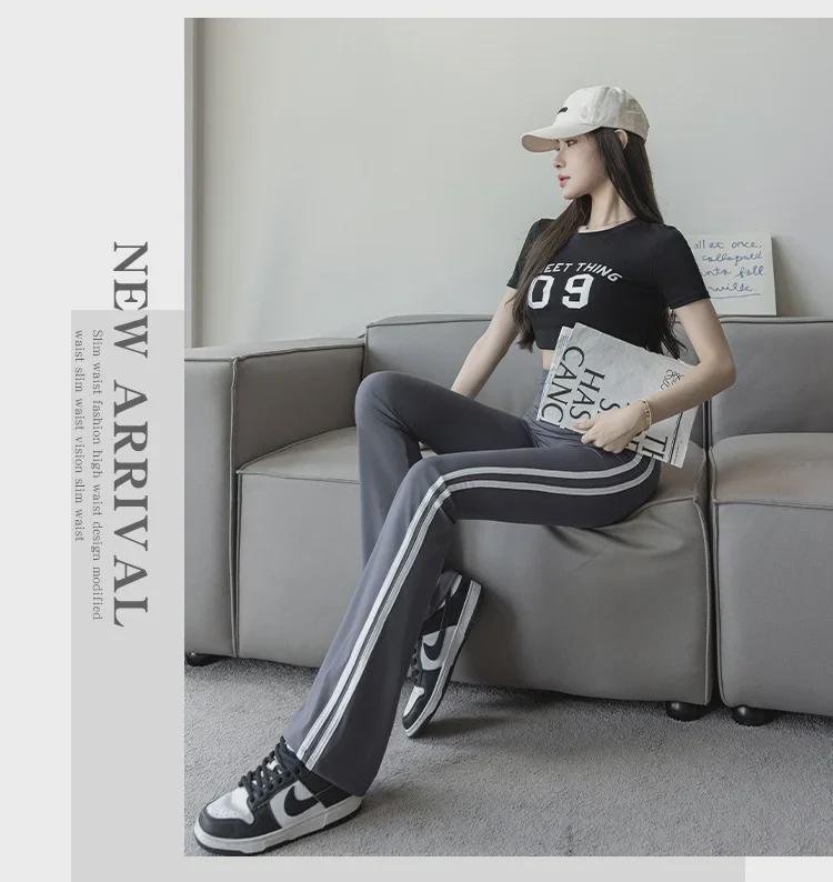 Women's High-Waist Shark Flared Pants with Side Stripes - Slim Fit Barbie Trousers for Spring Outerwear