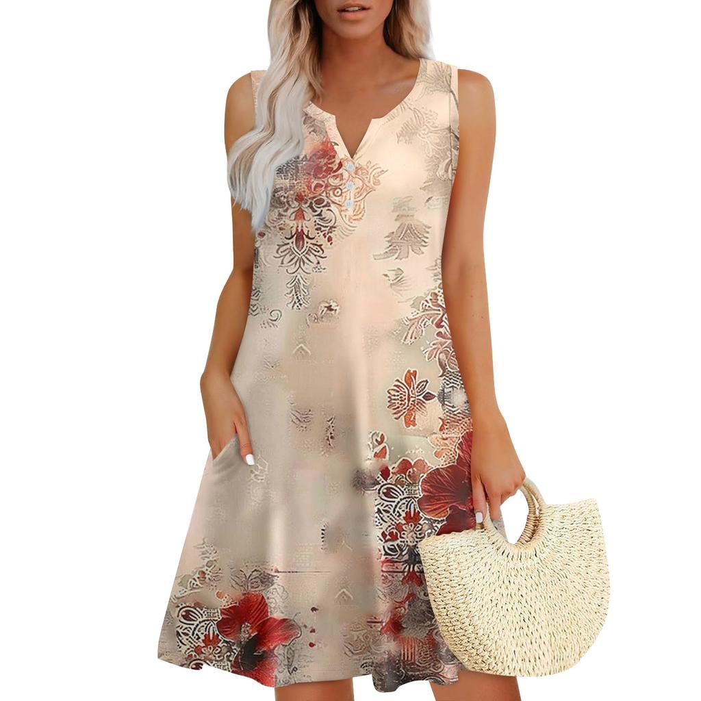 Женские летние платья Свободные сарафаны без рукавов с V-образным вырезом Платье с карманами