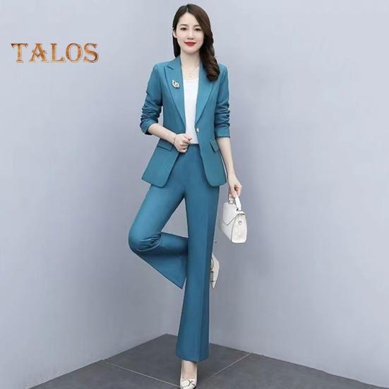 Женский комплект из 2 предметов: пальто и брюки, отложной воротник, длинные рукава, пиджак, облегающий крой, однотонные расклешенные брюки, повседневная одежда для поездок на работу и в офис