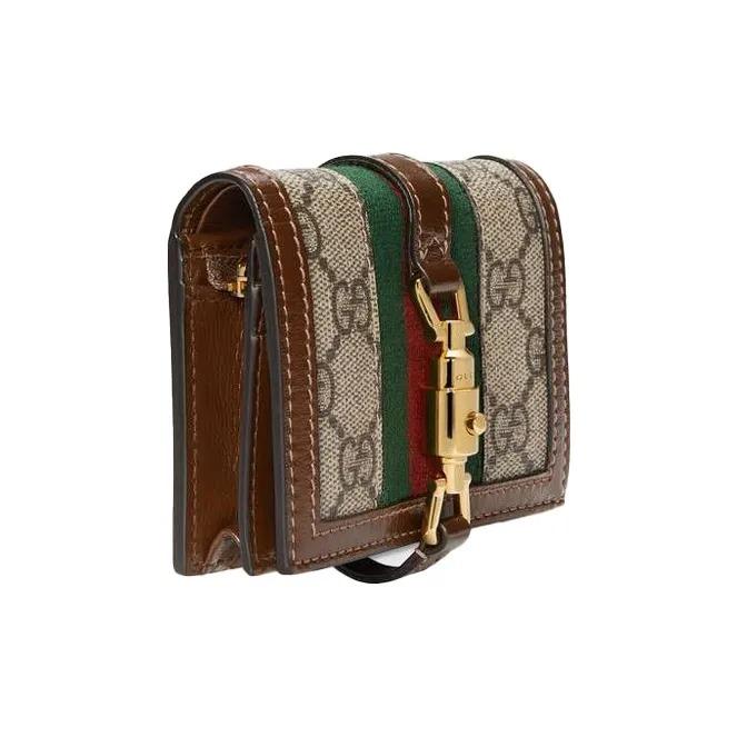 GUCCI Jackie 1961 Gold Lock Monogram Double-Fold Design Canvas and Leather Clutch Bag Wallet Card Holder Small Women's Green Brown