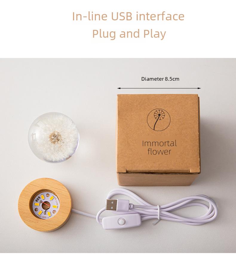 Ночной светильник в виде хрустального шара «Одуванчик» с 3D-резьбой и основанием из цельного дерева