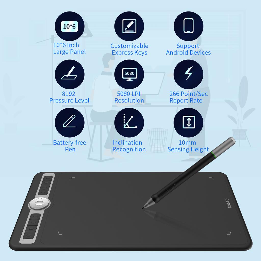 BOSTO T1060 10 x 6 дюймов Цифровой графический планшет для рисования с беспроводным стилусом 10 наконечников для пера 8192 уровня давления 8