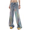 Painted Design Vintage Loose Wide Leg Jeans Women Casual Middle Waist Baggy Straight Denim Pants Spring Autumn Korean Fashion Streetwear
