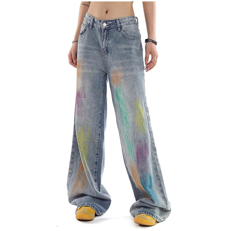Painted Design Vintage Loose Wide Leg Jeans Women Casual Middle Waist Baggy Straight Denim Pants Spring Autumn Korean Fashion Streetwear