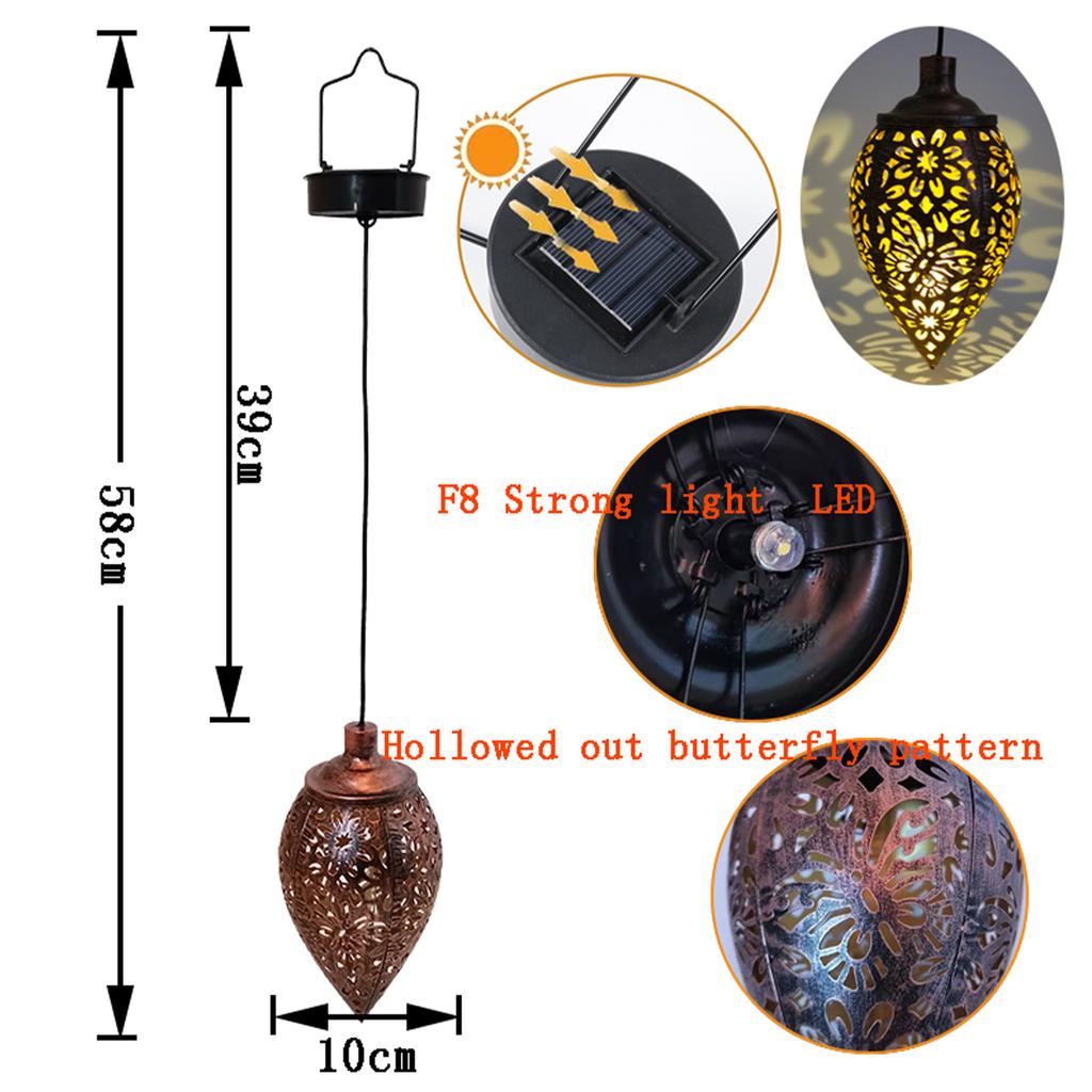 Outdoor Solar Lights Iron Garden Pendant Hollow Out Cone Light Metal Butterfly Hanging Lanterns