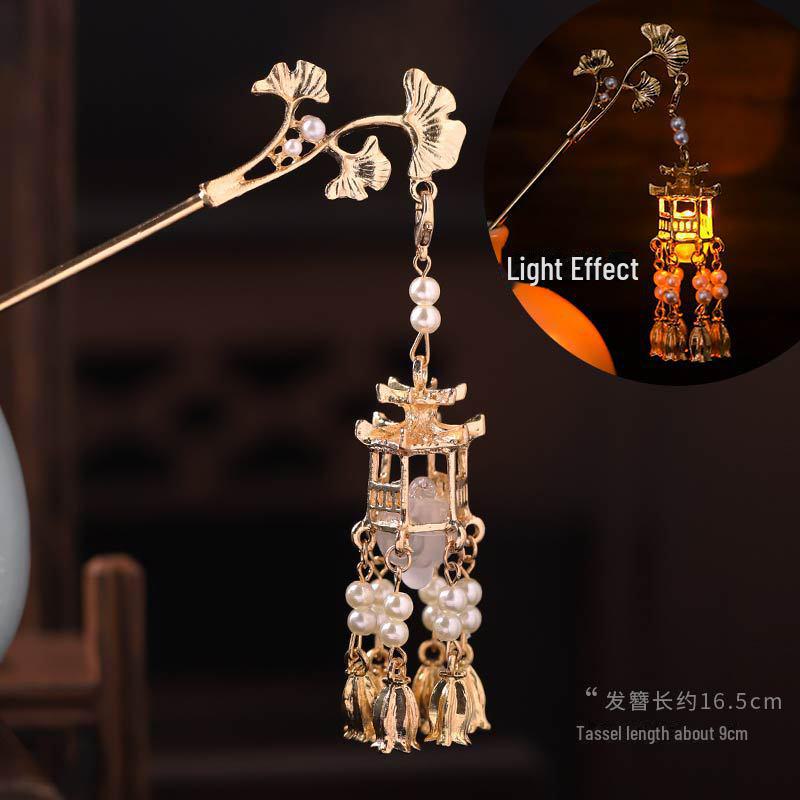 Заколка-фонарик со светящейся кисточкой для фестиваля середины осени — аксессуар для пучка в стиле дворца Западного озера