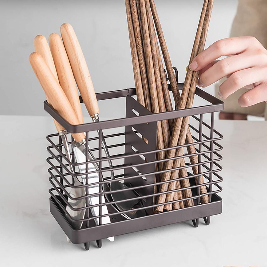 VANRA Chopstick Holder Cutlery Stand Drainer Holds Spoons and Forks Stainless Steel 2 Compartments with Hook (Brown)