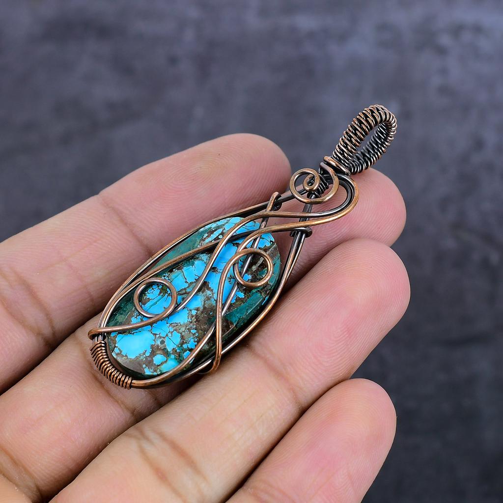 Natural Tibetan Turquoise Gemstone Copper Wire Wrap Jewelry Pendant 2.64" v4O79