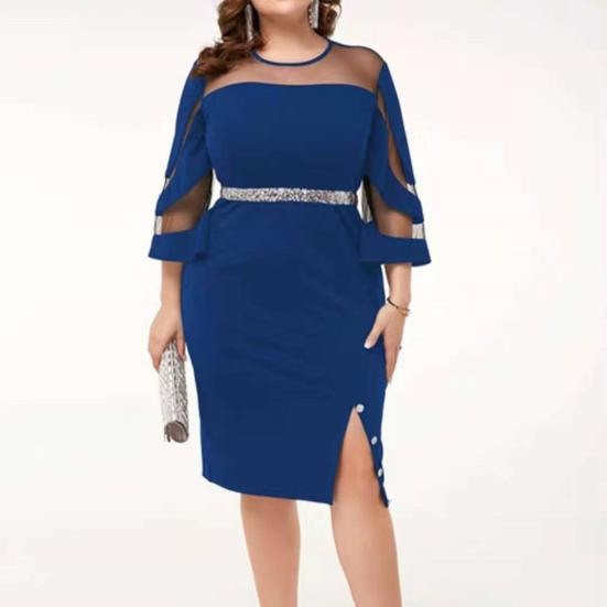 Women Dress See-through Mesh Patchwork Split Hem Sheath Slim Fit Three Quarter Sleeves Shiny Powder Crew Neck Prom Evening Office Wear Midi Dress