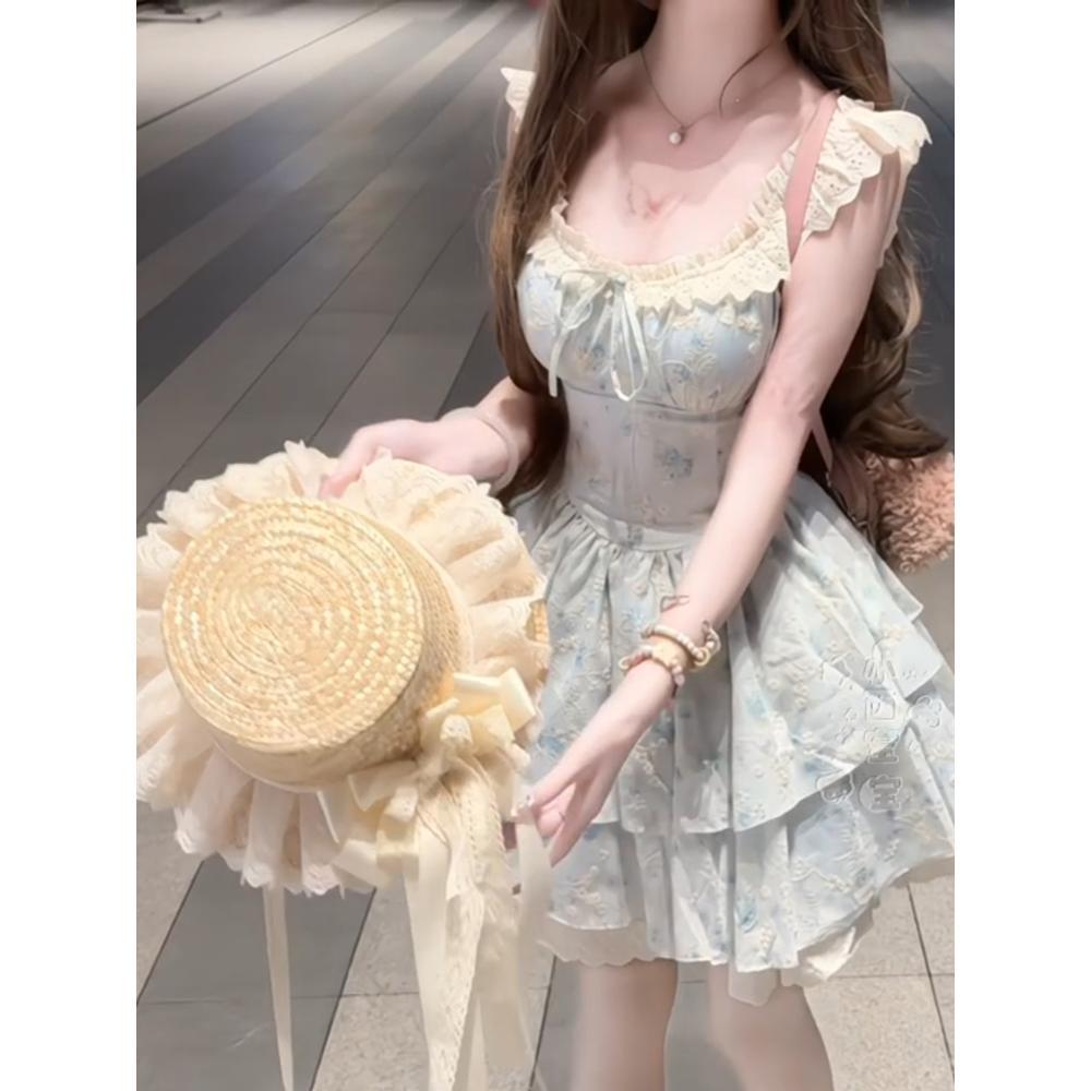 Французское милое платье с цветочной вышивкой, женское летнее новое, с квадратным вырезом, зауженное в талии, платье феи-принцессы