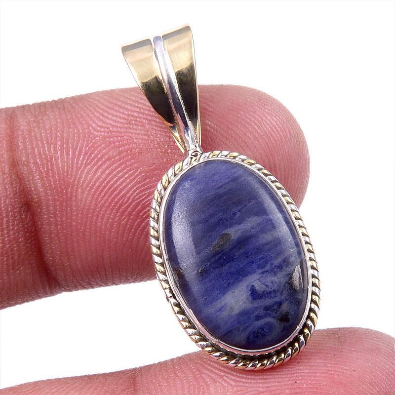 Natural Sodalite Gemstone 925 Solid Sterling Silver Two Tone Pendant 1.25'' I5n18