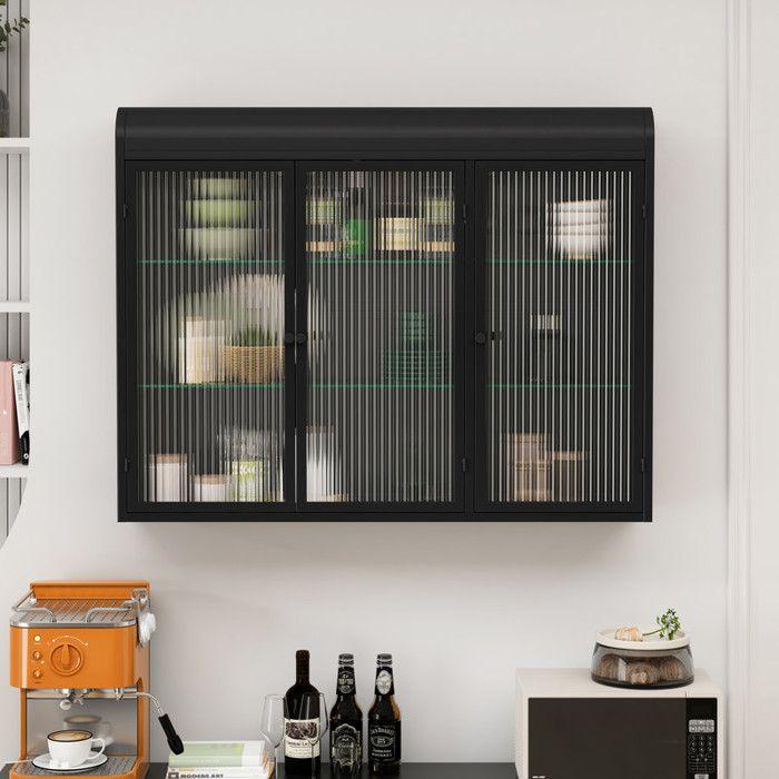 Armoire vitrée - MUVOE - 3 portes - Fixation murale - Noir - Design contemporain
