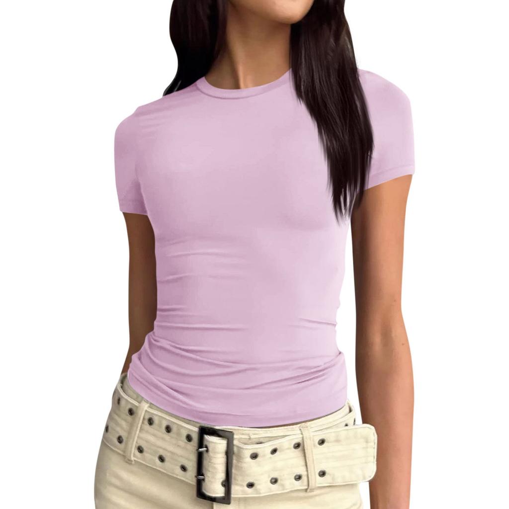 Women Short Sleeve Soild Sexy Cute Tee Slim Fit Tight Crop-Top T Shirt