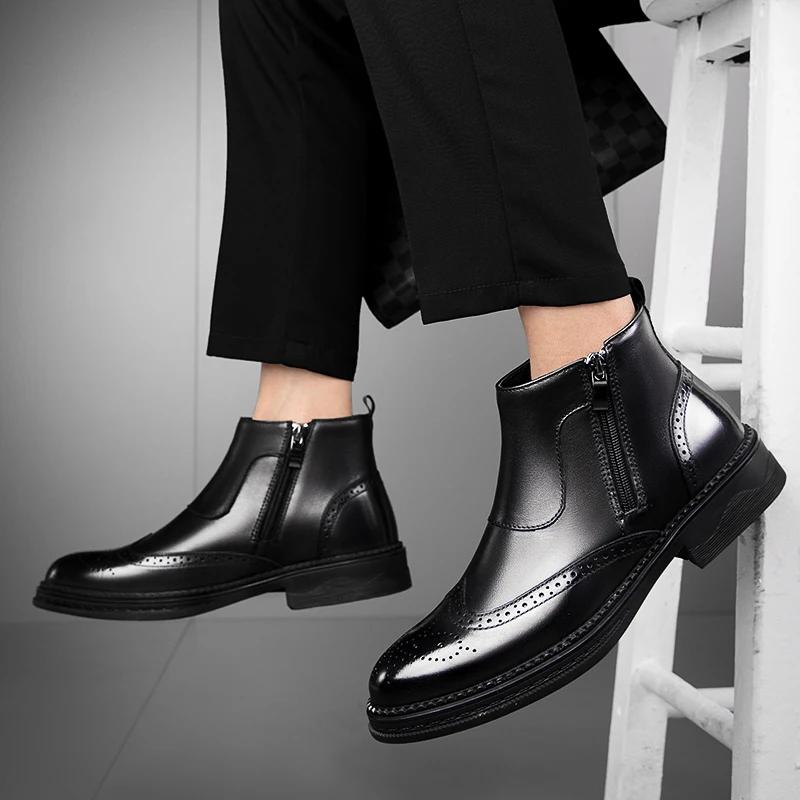Модные новые туфли-броги в британском стиле, ботинки челси из натуральной кожи, мужская зимняя обувь, плюшевая теплая обувь, модные ботинки на молнии для мужчин