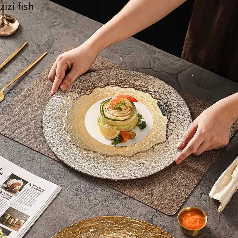 Плоская тарелка из керамики с узором из белого золота и камня Тарелка для стейка Десертная тарелка Суши Тарелки для приготовления пищи Креативная посуда для ресторана