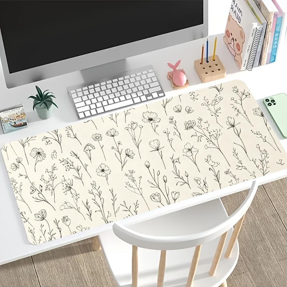 Botanical Line Art Floral Extended Gaming Mouse Pad Non Slip Desk Surface Minimal Vintage Sketch Flower Art Print For Gaming