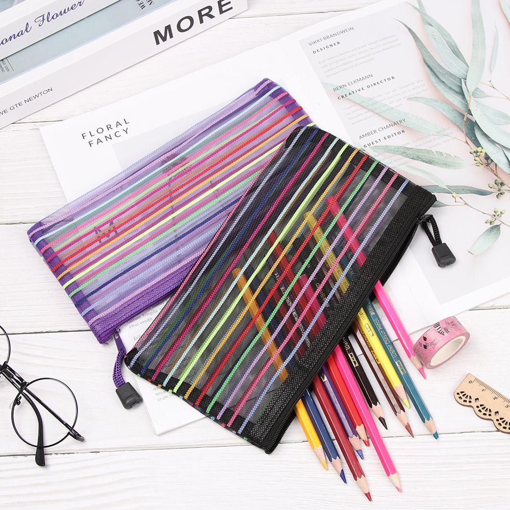 Stationery Rainbow Color Makeup Nylon Cosmetic Storage Grid Zipper Pencil Case Mesh Pen Bag