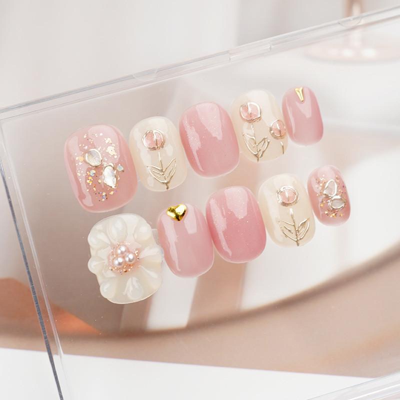 HANDMADE Artificial Nail Fake Nails Hand-Painted Tulip 3 D Flower Pink White Short Square Circle Phototherapy Nails Fake Nails Reusable
