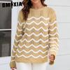 Women's Fashion Casual Stripe Print Autumn Winter Long Sleeve O-Neck Loose Sweaters