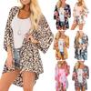 Women Floral Leopard Print Half Sleeve Bikini Cover Shawl Cardigan Up Blouse Top