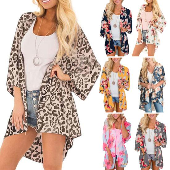 Women Floral Leopard Print Half Sleeve Shawl Cardigan Bikini Cover Up Blouse Top