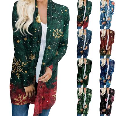 Женский модный и повседневный рождественский принтованный кардиган средней длины с длинными рукавами