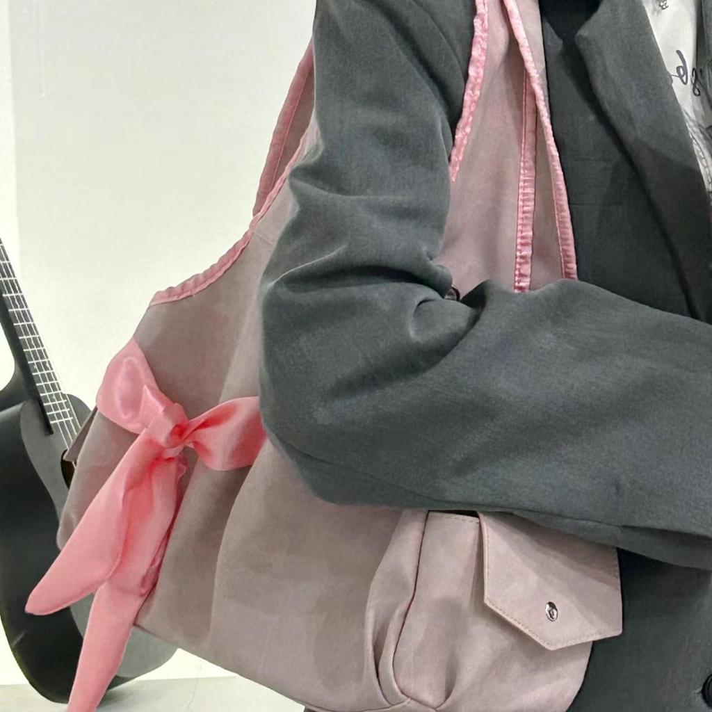Сумка-тоут Harajuku большой емкости для женщин Fairycore Aesthetic Bow Chic Grey Handbag Женская винтажная симпатичная сумка через плечо