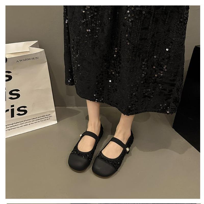 Fashion Women's Flat Shoes Black Round Toe Sequins Ladies Footwear Low Heel Elegant Slip On 2025 Summer Fashionable Korean Style Popular