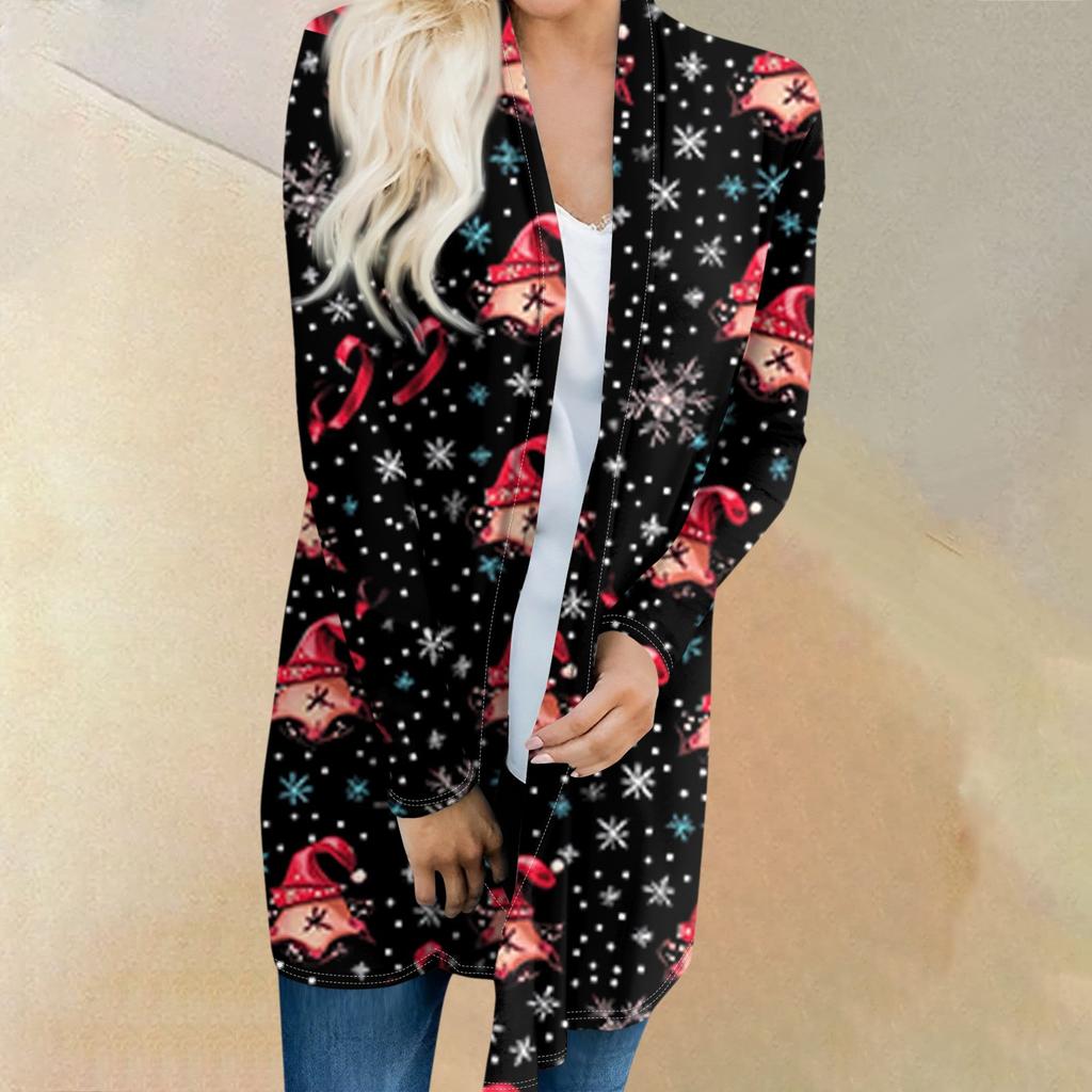Женская мода повседневная куртка-кардиган средней длины с принтом рождественской елки