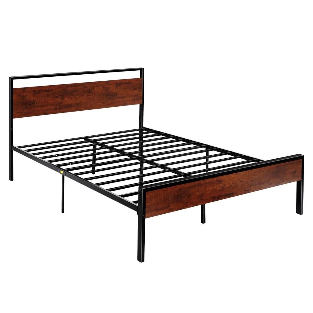 Queen Size Bed Frame, 35 cm Black Metal Platform Bed Frame with Retro Brown Wooden Headboard and Footboard, Large Under-Bed Storage, Non-Slip Without