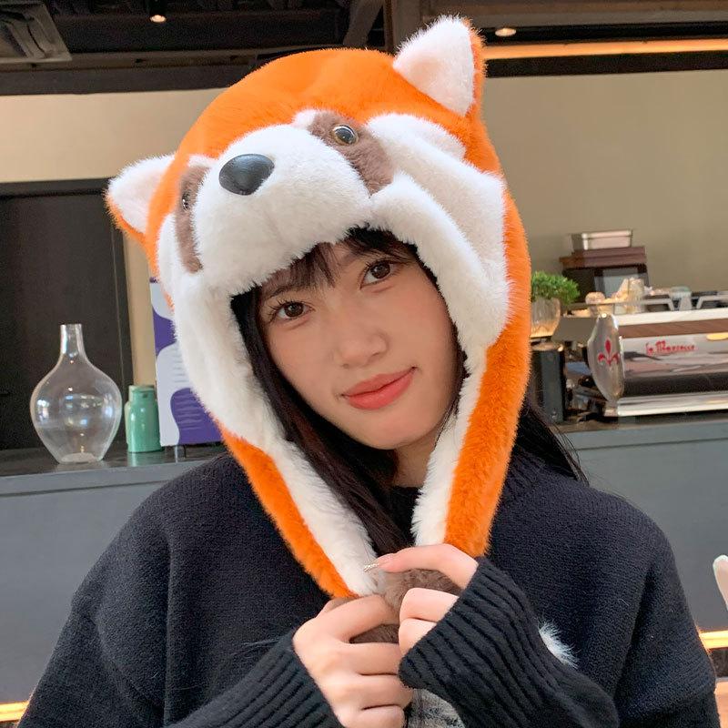 Маленькие енотовые наушники защищают уши, двигаются, милая плюшевая шапка-панда, женская зимняя теплая шапка-пуловер