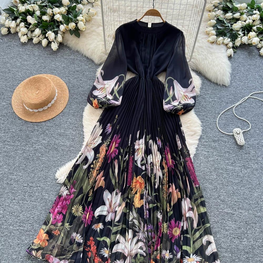 Платье с принтом высокого класса для женщин Весна Осень Приталенное и элегантное плиссированное длинное женское платье