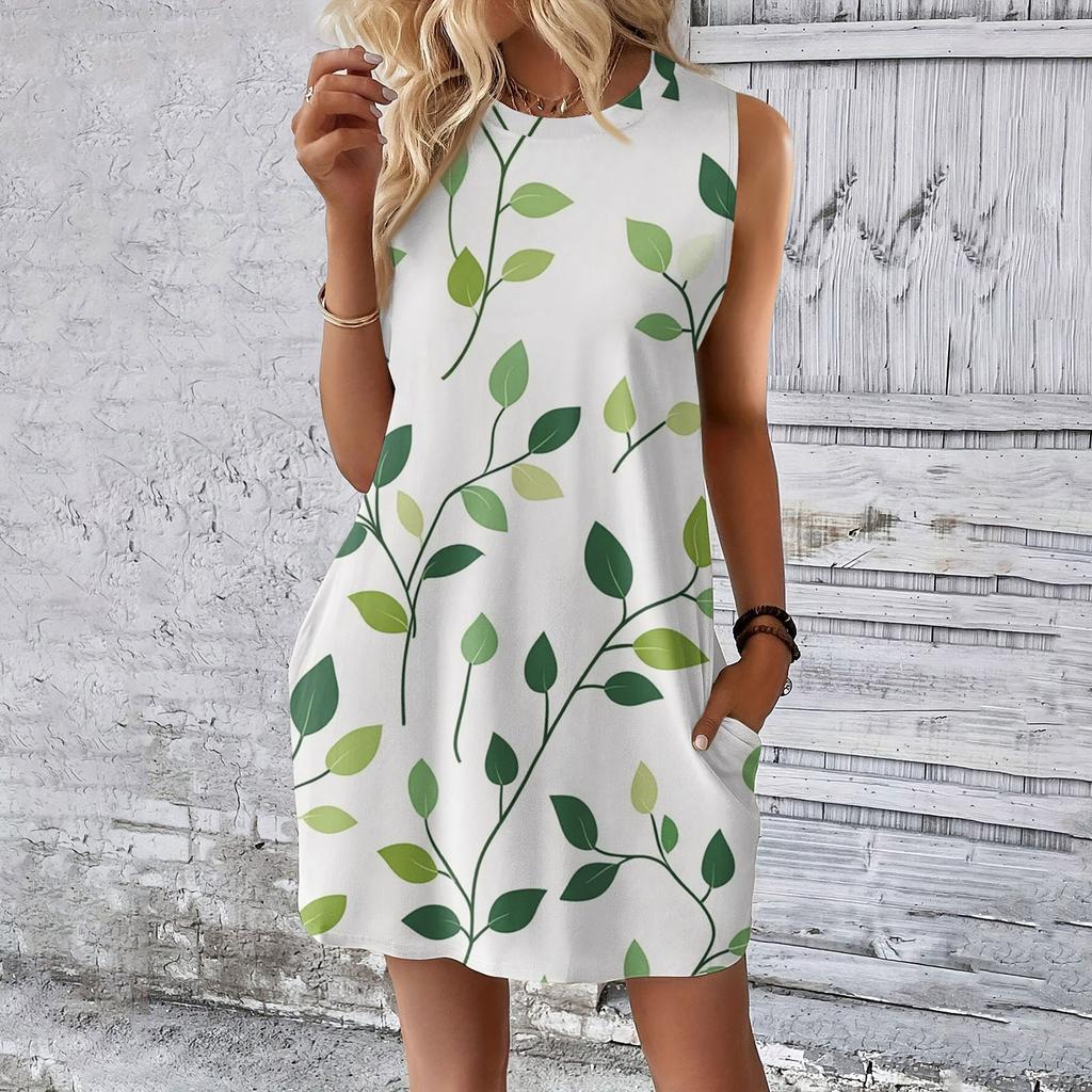 Women's Casual And Fashionable Round-neck Sleeveless Printing Mid Length Dress