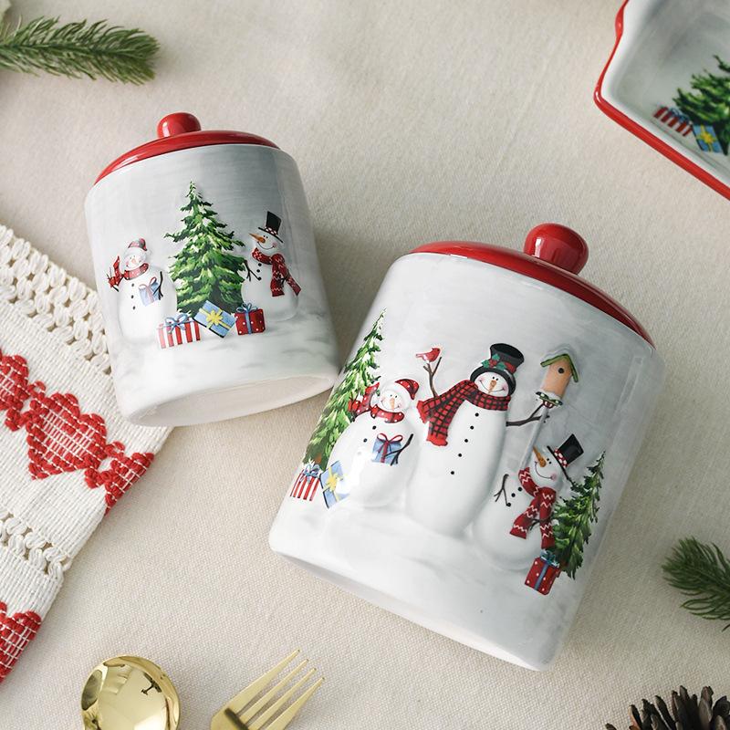 Christmas Ceramic Storage Jar with Lid Nordic Snowman Grain Nut Snacks Candy Coffee Bean Food Container Creative Christmas Gift