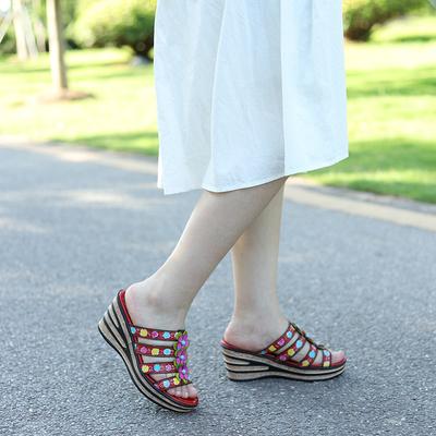 Сандалии из натуральной кожи на толстой подошве, женские шлепанцы на танкетке в стиле ретро, ​​удобные уличные тапочки на платформе