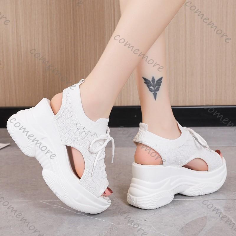 Fashion Comemore Thick Bottom Sandals Women Summer Mesh Fish Mouth High Heels Casual Sport Style Roman Sandal White Black Wedge Sandales