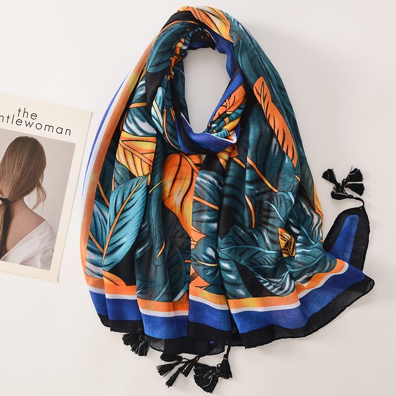 Beige Coffee Scarf Luxury Thin Womens Scarves Spring Floral Hijab Veils Soft Cotton Shawl Wrap Tassel Viscose Muslim Woman Hijab