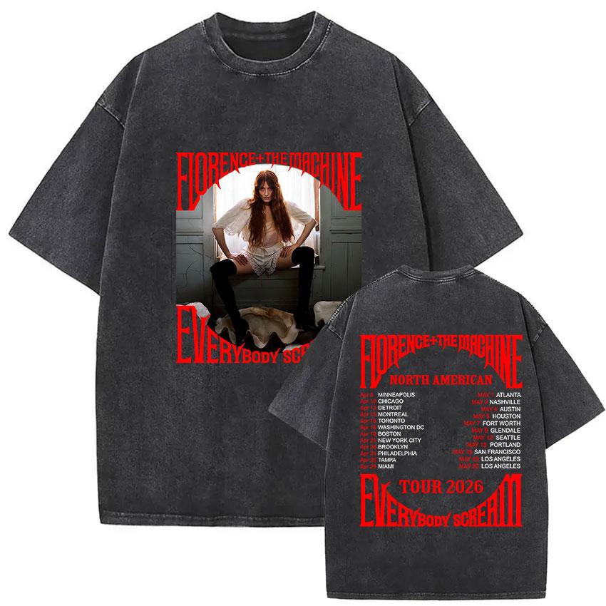 Florence and The Machine Tour Vintage Washed T Shirt Men Women Harajuku Aesthetic Oversized Cotton Tshirts Yk Streetwear