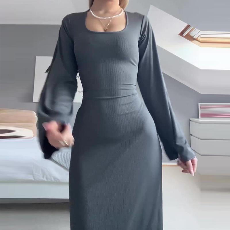 2024 Autumn Women's Solid Square Neck Slimming Long Sleeve Dress