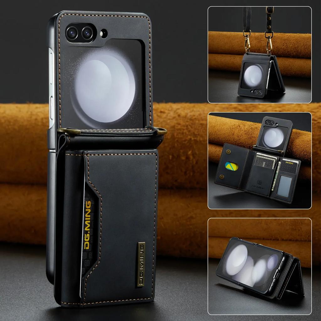 Многофункциональный кожаный чехол-кошелек для карт Samsung Z Flip 6 5 4 3 5G Crossbody Lanyard Phone Bag для Galaxy Z Flip6 Flip5 Flip4