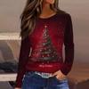 Женская модная повседневная футболка с разрезом по низу, круглым вырезом, длинными рукавами, свободного кроя, с рождественским принтом, женский топ