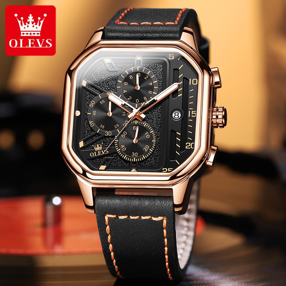 OLEVS 9950 Original Mens Watches Fashion Leather Strap Waterpoof Luminous Auto Date Chronograph Square Quartz Sports Wristwatch