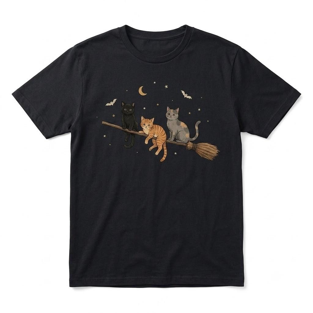 Cute Witch Cat Graphic Halloween Black T Shirt Gift For Friends