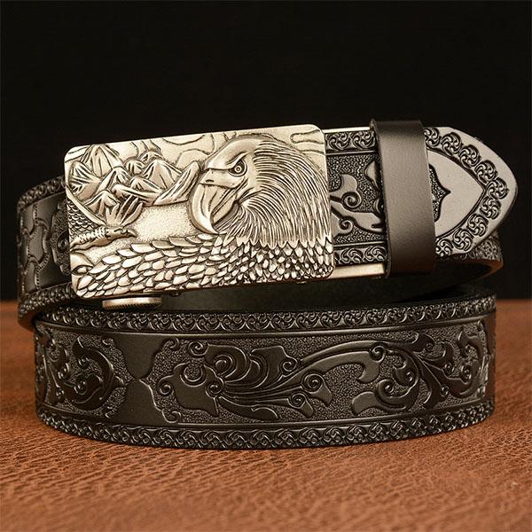 Ремень из натуральной кожи для мужчин с резным узором в виде животного орла, автоматическая пряжка, ремень для джинсов