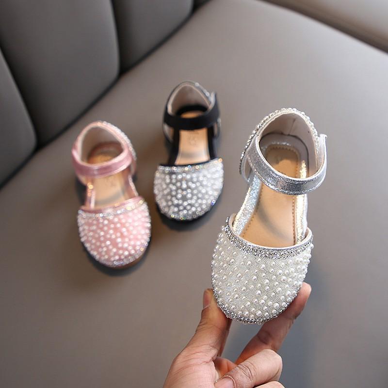 Girls Sparkly Flat Sandals Princess Dress-Up School Performance Everyday Wear PU Upper With Anti-Slip Rubber Sole