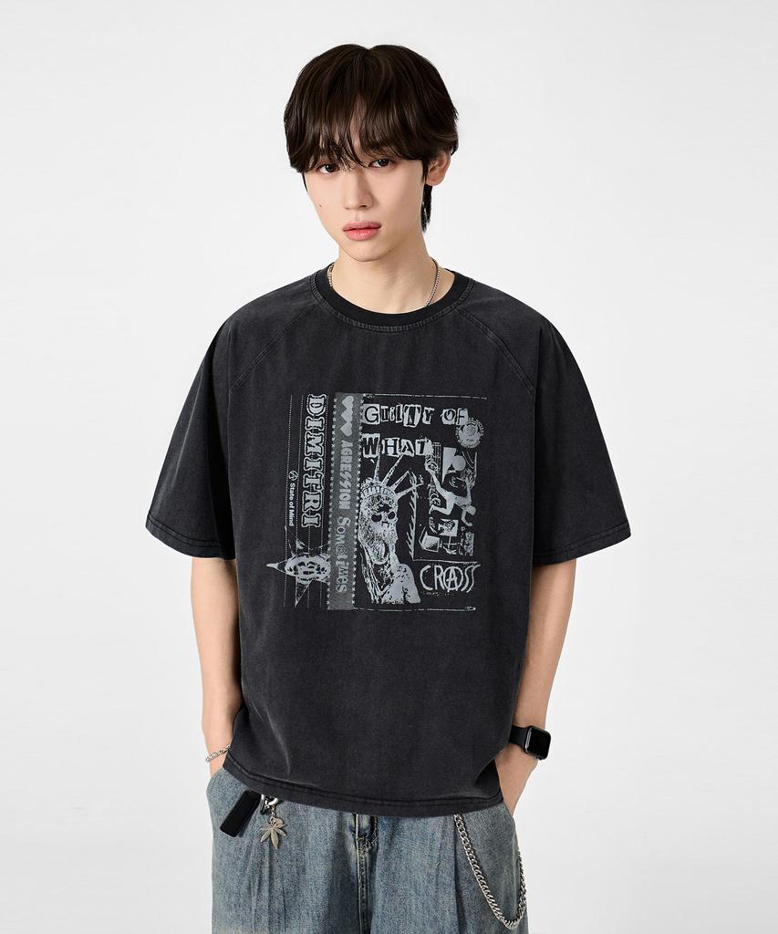 Dimiteulibeullaeg Футболка с коротким рукавом Raglan Color Block Pigment Artwork_Угольный