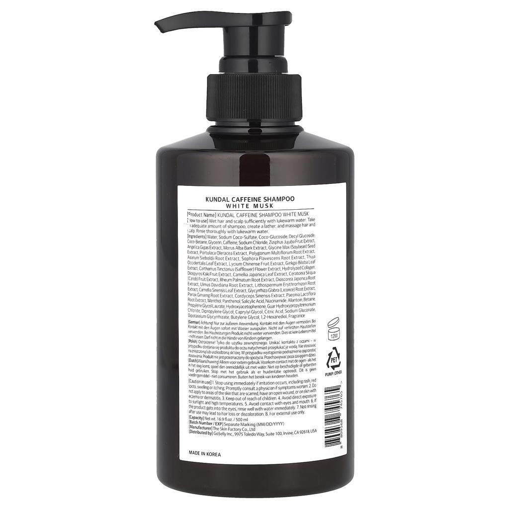 KUNDAL Natural Caffeine Hair Care+, Шампунь с кофеином, для всех типов волос, Белый мускус, 16,9 жидких унций (500 мл)